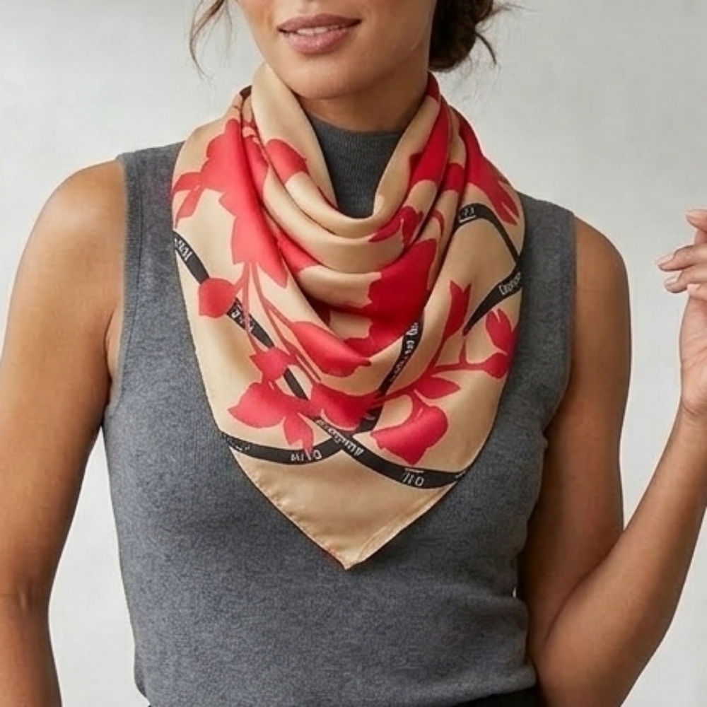 NWT Shang Qi Red Floral Silky Satin Square Scarf Head Wrap- 35" × 35"